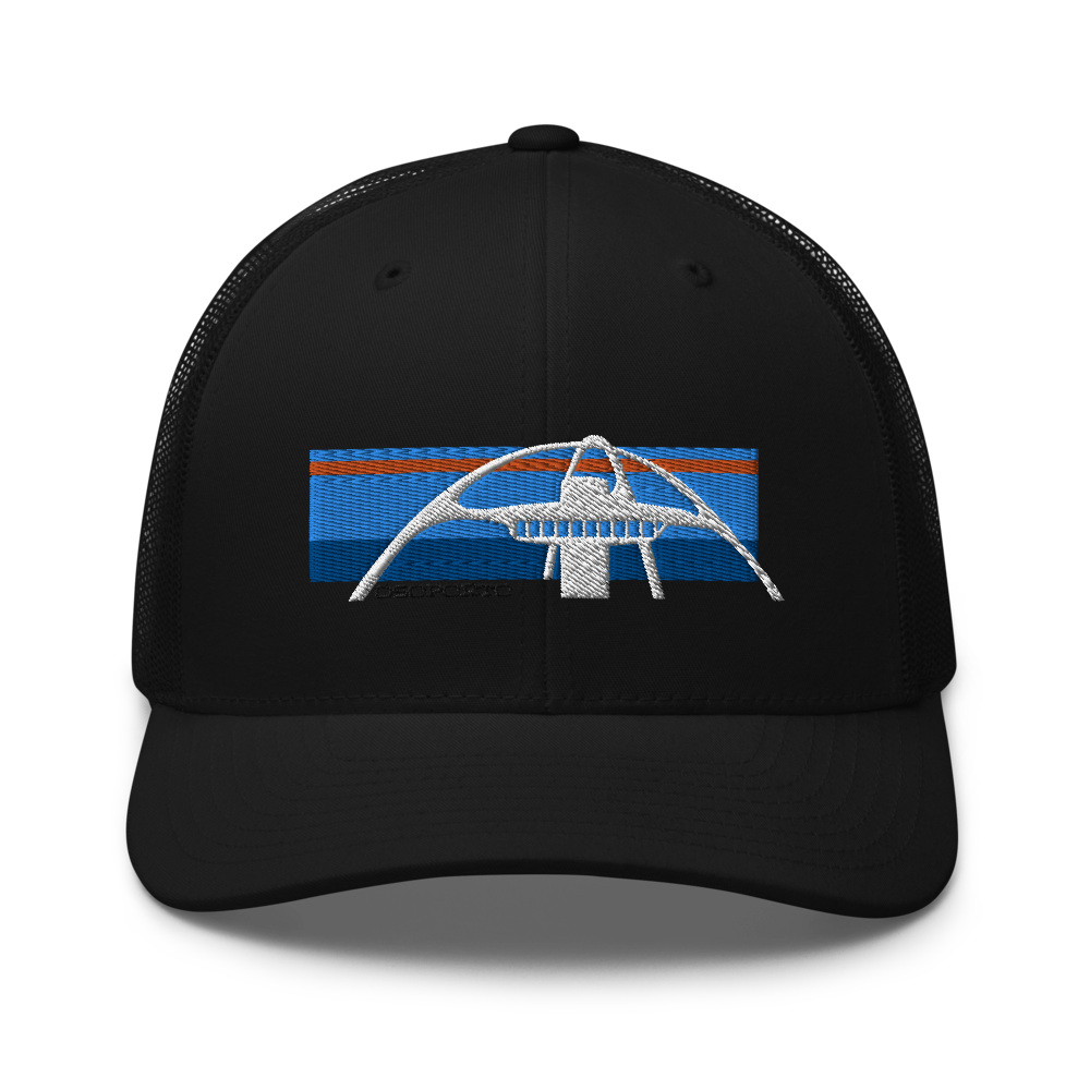 midcentury modern silhouette of the LAX Airport Theme Building retro trucker hat