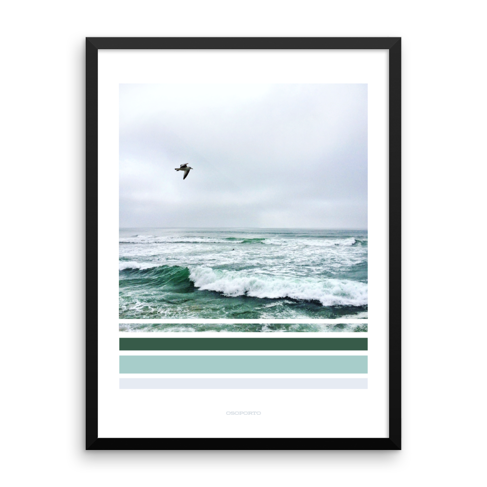 seagull with waves green graphic photography beach decor framed poster